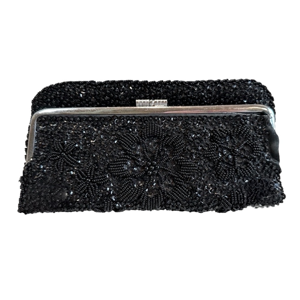 VTG Hand Beaded‎ Hong Kong Black Bead & Sequin Folding Carry Clutch Evening Bag